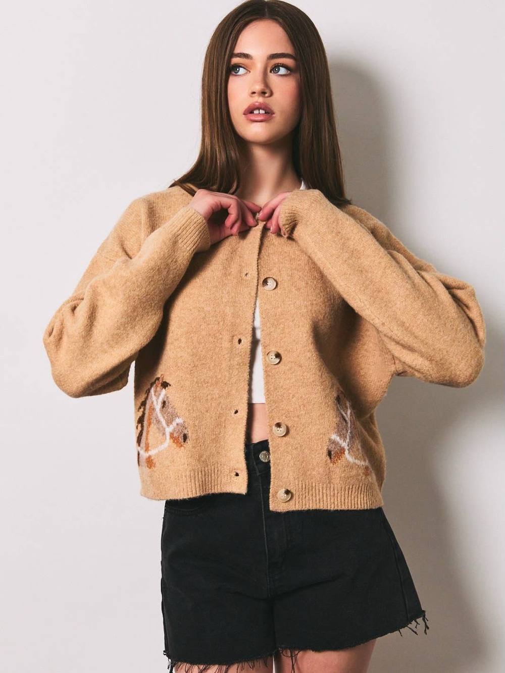NWT Le Lis Horse Graphic Crew Neck Cardigan Tan Western Sweater